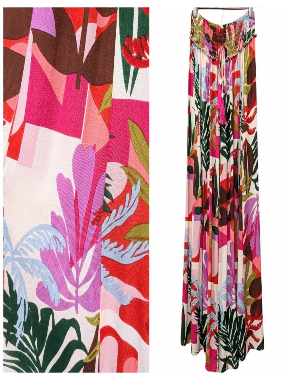True Destinations Womens Sz S Multicolor Tropical Tassel Tie Wide Palazzo Pants